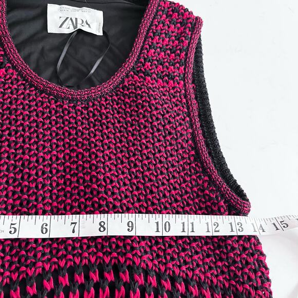 Zara  Studio Red Black Linen Maxi Long Knit Crochet Dress Sz M - Picture 14 of 16